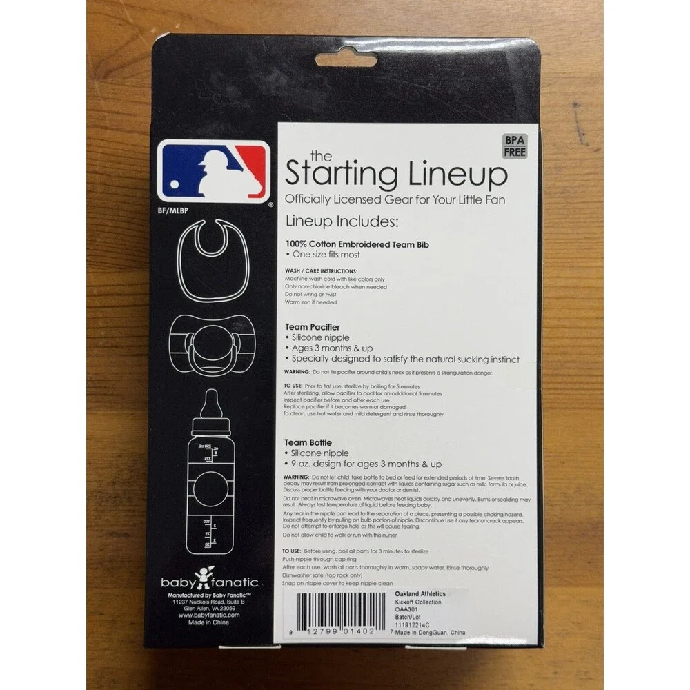 Oakland Athletics A's MLB 3 Pk Baby Bottle Pacifier Bib BPA Free Starting Lineup